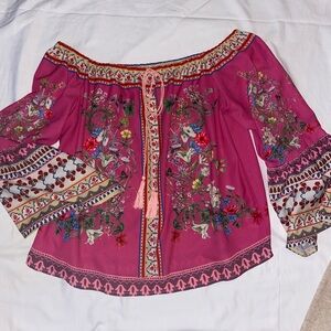 Umgee Magenta Floral Embroidered Off-Shoulder Peasant Top